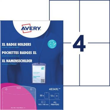 Avery - 50 kpl a6-kokoista kulkulupakorttitaskua + 52 tulostettavaa sisäkettä