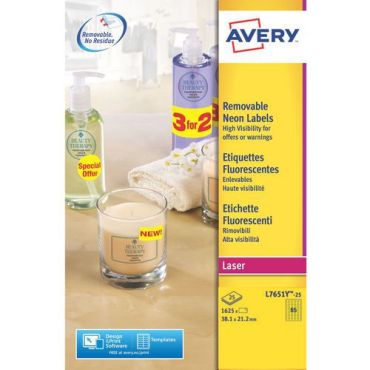 Avery - Keltaiset irrotettavat etiketit lasertulostimelle - 1625 kpl - 38.1 x 21.2 mm - Kierrätettävä pakkaus
