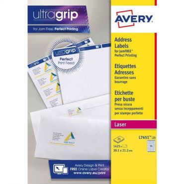 Avery - Valkoiset laseretiketit 38,1x21,2 mm - 1625 kpl - Kierrätettävä pakkaus