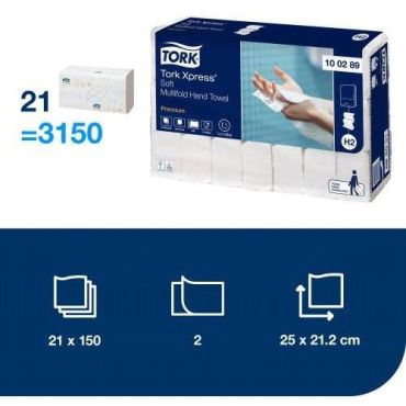 Tork - Paperipyyhe moninkertainen pehmeä - 2 kerrosta - 150 arkkia/pakkaus - Valkoinen - H2 Premium - Ympäristöystävällinen