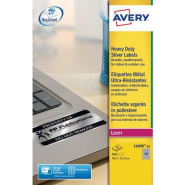 Avery - Metalliset laser-etiketit 960 kpl - 45,7x21,2 mm - Kestävä ja kierrätettävä