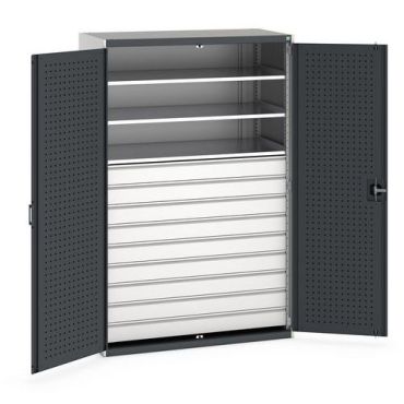 Bott - Yhdistelmäkaappi Cubio - 1300x650x2000mm - 9 laatikkoa 3 hyllyä - 1500kg kuormitus - Vaaleanharmaa/Antrasiitti