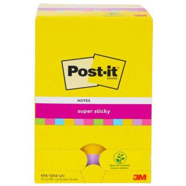 Post-it - Super Sticky - Muistilaput 76x76mm - 12 lohkoa sekavärejä - 90 arkkia/lohko