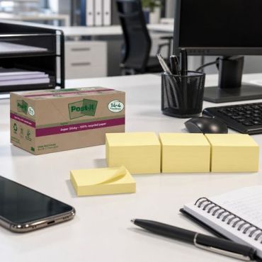 Post-it - Super Sticky muistilaput kierrätetty 76x76 mm 14+4 kpl keltainen