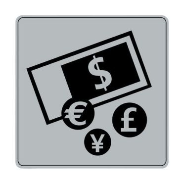 Novap - Symbolikilpi pleksilasia harmaa - Valuutanvaihto - 9x9 cm - Tarrakiinnitys