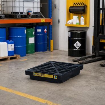 Justrite - Ympäristölattia 1 tynnyri - 635x635x140mm - 45L keräystilavuus - Kierrätetty materiaali - Happo- ja emäskestävä