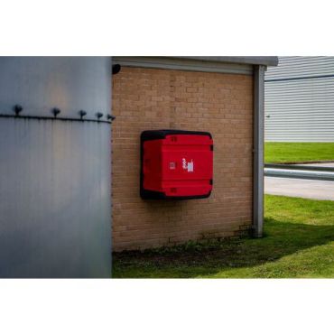 Jonesco - Seinään kiinnitettävä säilytyslaatikko letkukelaan - Punainen/Musta - 1000x480x1000mm - Paloturvallinen säilytys