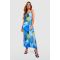 Robe Longue Plissée À Imprimé Abstrait - Bleu - 42, Bleu