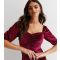 Women's Burgundy Velvet Sweetheart Short Puff Sleeve Midi Dress Gini London New Look