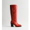 Women's Austine Red Leather-Look Embroidered Knee High Cowboy Boots Public Desire New Look