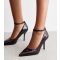 Women's Dark Brown Patent Faux Leather Ankle Strap Court Shoes Vegan New Look